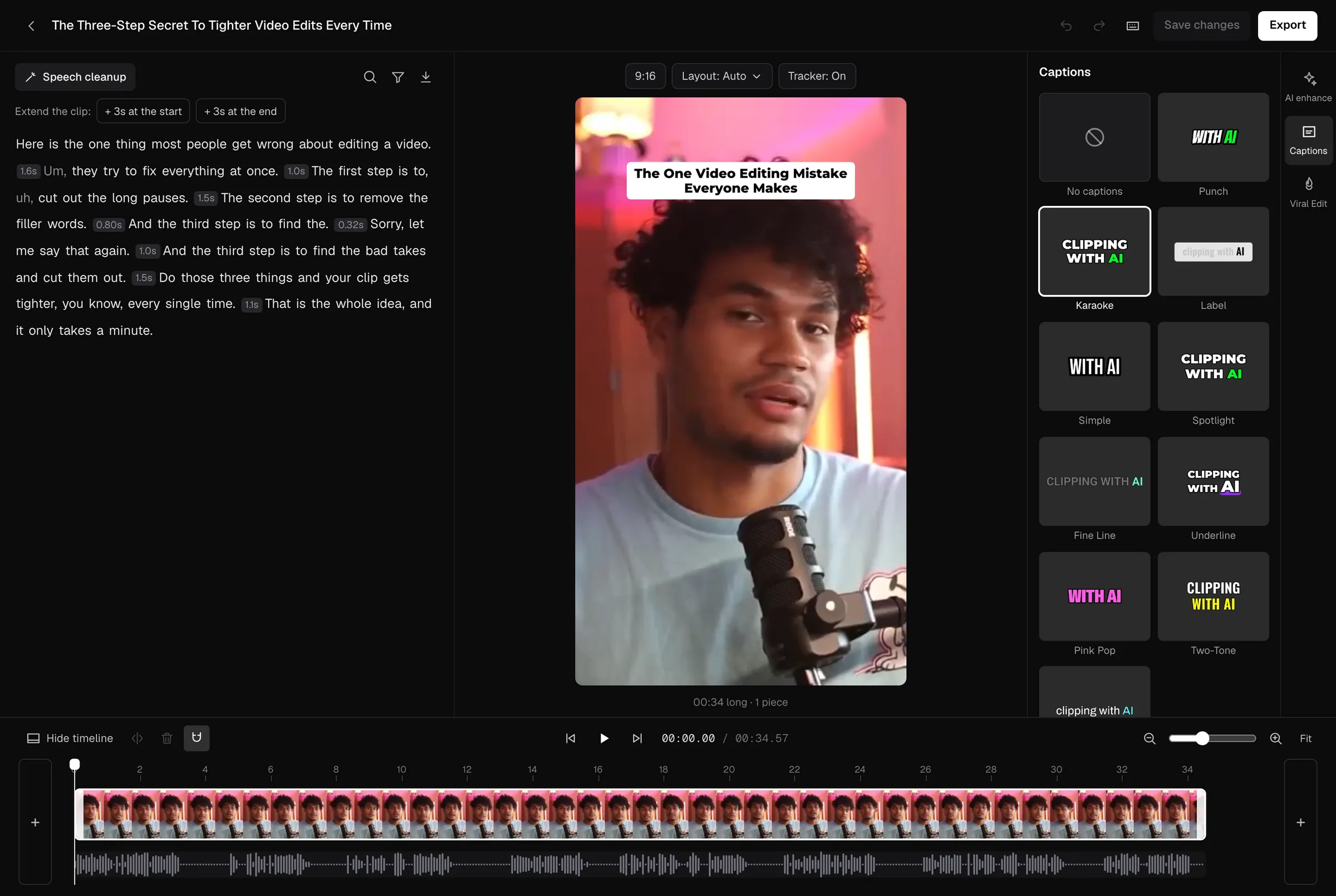 The clip editor: the transcript with pauses marked on the left, the clip in the middle, caption styles on the right and the timeline along the bottom.